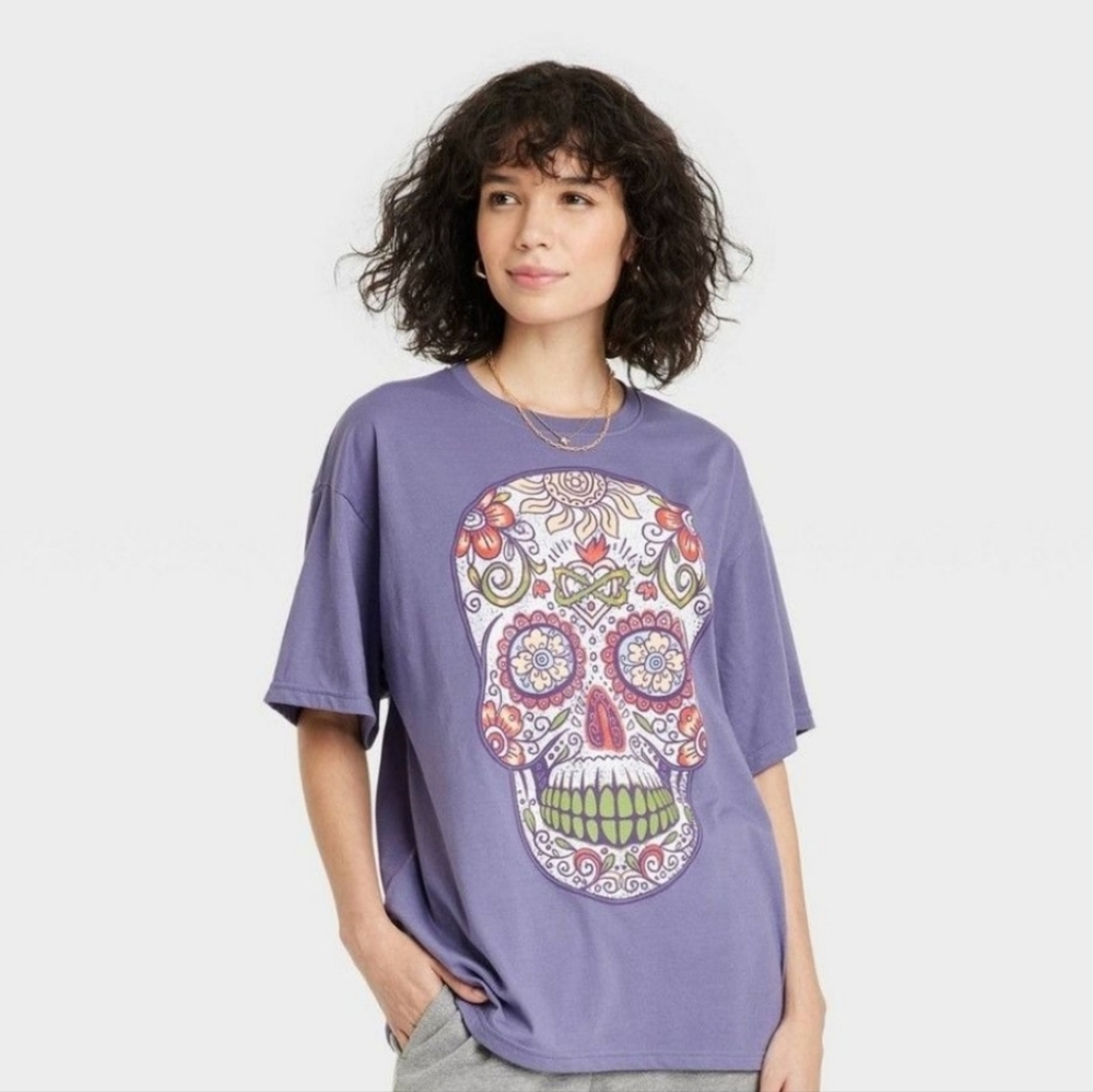 Hasta Siempre Purple Dia de los Muertos Sugar Skull Graphic Tee